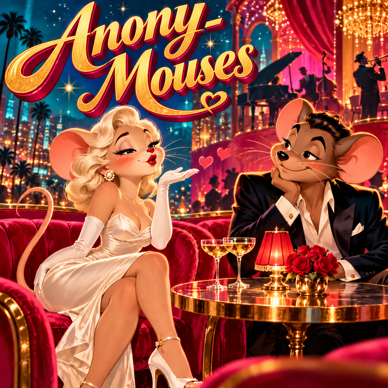 A glamorous blonde mouse blows a kiss to a suave mouse in a Technicolor jazz club